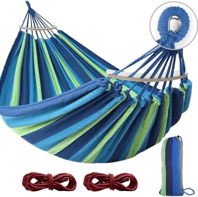 Hangmat met spreidstangen - Canvas hangmat - Buiten ontspannen - Versterkte metalen knoop - 275 x 155 cm - Blauw