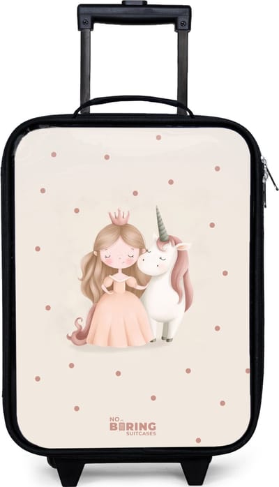 NoBoringSuitcases.com® - Kinderkoffer jongen - Kindertrolley meisje - Prinses en een eenhoorn in pastel kleuren - Koffer kind lichtgewicht - Reiskoffer trolley voor kinderen - Koffertje met lichtgevende wieltjes - Rolkoffer zwart