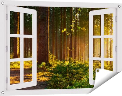 Gards Tuinposter Doorkijk Bos met Zon tussen de Bomen - 90x60 cm - Tuindoek - Tuindecoratie - Wanddecoratie buiten - Tuinschilderij