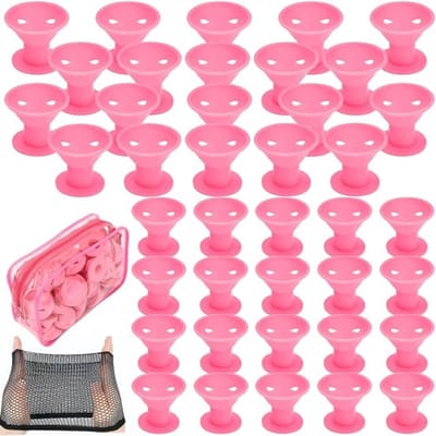 Siliconen haarrollers, hittevrij stylen, 40-delige set (20 groot + 20 klein) met haarnet in PVC-tas, veilig stylinggereedschap voor vrouwen en meisjes (Roze)