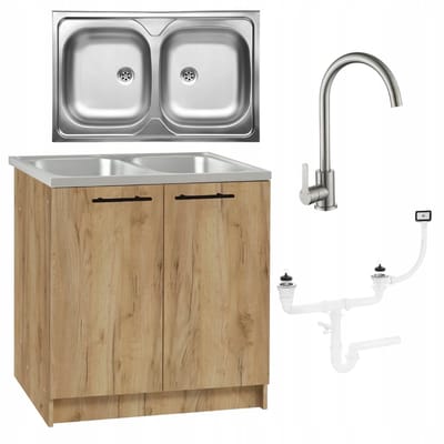 STAMAR - Keukenkast 80x50 cm - Onderkast met Dubbele spoelbak + kraan + sifon - Eiken Goud