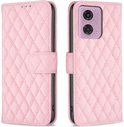 BINFEN Hoesje - Geschikt voor Motorola Moto G34 Hoesje - BINFEN Rhombus Book Case - Pink
