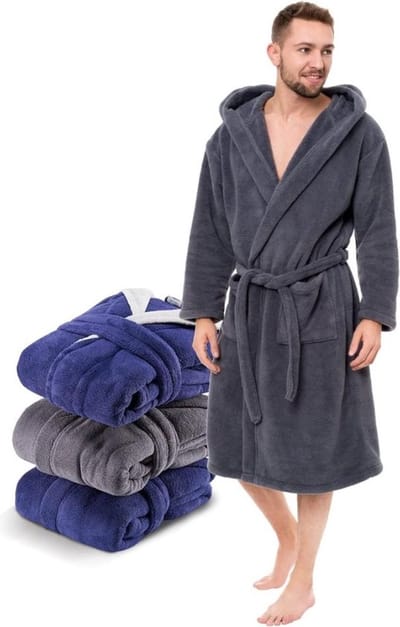 Kamerjas voor heren pluizig en gezellig (XS, S, M, L, XL) - badjas fleece microvezel (100% polyester) met capuchon, 2 zakken, riem en ophanglus