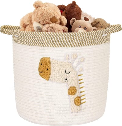 Katoenen Mand voor Wasgoed en Speelgoed, Handige Opbergmand voor Woonkamer en Slaapkamer, 30 x 30 cm, Beige Giraffe Design