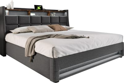 Merax Gestoffeerd Bed 160x200 cm met USB Oplaadfunctie en LED Verlichting - Houten Lattenbodem - Grijs Linnen - Bedframe voor Slaapkamer of Logeerkamer