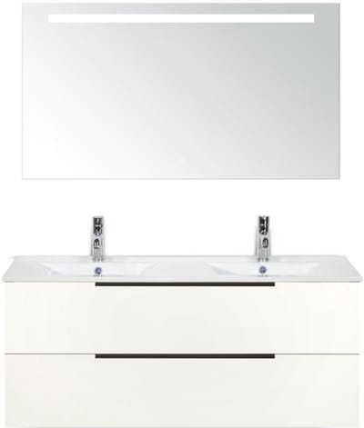 Seville Badmeubelset 120 cm - 2 Laden Wit Hoogglans Edge - Wastafel Enjoy Dubbel met Sence Spiegel