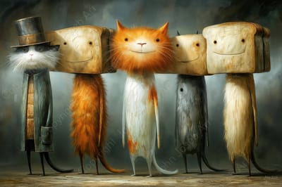 John Joseb Art (Aluminium) 120x80 | Poezen met brood hoofden, gek, grappig, surrealisme, humor, abstract, kunst, poes, blauw, grijs, oranje, bruin, modern | foto-schilderij op dibond, metaal wanddecoratie