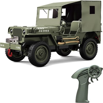 Voiture télécommandée, véhicule tout-terrain Rock Crawler 2,4 GHz 4 roues motrices avec lumières et housse en toile, 1:10 Tous 1 battery vert d’armée