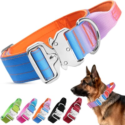 hondenhalsband, brede halsband voor honden, gevoerde nylon hondenhalsband met handvat, verstelbare hondenhalsband met metalen gesp voor middelgrote en grote honden (oranje, paars