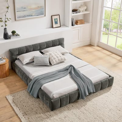 Pugsdrly Tweepersoonsbed 160*200 cm, bed met zijdezachte chenille bekleding, vierkant quiltontwerp, gemaakt van ecologisch eucalyptushout en een stabiel ijzeren frame, eenvoudige montage, donkergrijs (zonder matras)