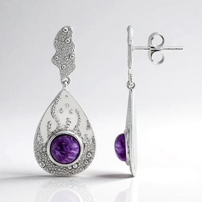 Cavill - Zilveren Oorbellen - 925 Sterling Zilver Gerhodineerd - Charoiet Ronde Cabochon Edelstenen 1,479 ct - Elegante Druppelvorm - Dames Oorbellen