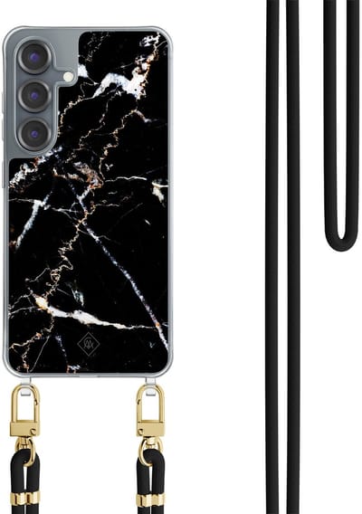 Casimoda® hoesje met koord - Geschikt voor Samsung S25 - Marmer Zwart - Afneembaar koord - TPU/polycarbonaat - Zwart