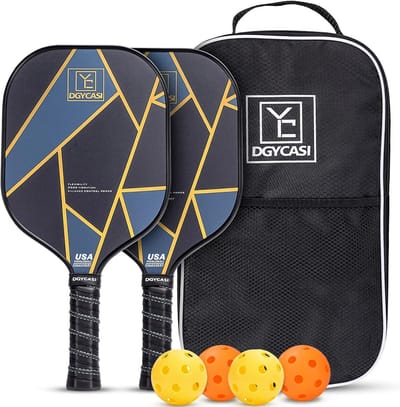 Pickleball Set 2 Paddels Lichte Composiet Core Low Edge Guard Met Tas en 4 Ballen 8 oz Blauw Goud