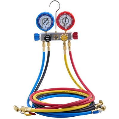 VEVOR airconditioning drukmeterset voor R22, R404A, R410A en R12 koudemiddelen, 4-weg drukmeter met 1,5 m slangen, voor onderhoud, evacuatie, vulling en terugwinning van airconditioningsystemen in voertuigen en woningen.