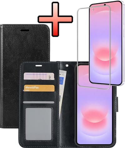 Hoesje - Met Screenprotector - Geschikt voor Samsung Galaxy A37 - Luxe Pasjeshouder - Bookcase Portemonee - Flip Case - Kunstleer Book Case - Flipcase - Book Cover - Walletcase - Portemonneehoes - Zwart