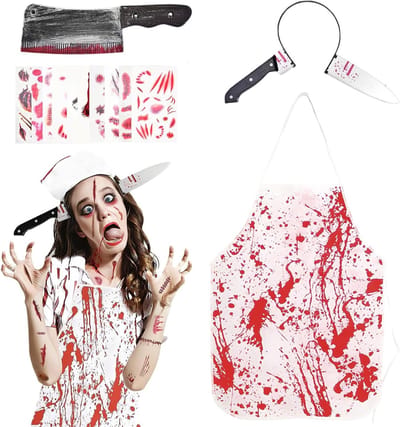 Halloween Kostuum voor Slager met Schort en Mes, Inclusief Haaraccessoires en Litteken Tattoo voor Feestjes en Rollenspellen