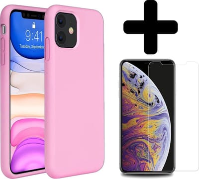 Hoesje - Met Screenprotector - Geschikt voor Apple iPhone 11 - Sterk & Shockproof - Telefoon Hoes - Back Cover - Siliconen Case - Telefoonhoes - Roze