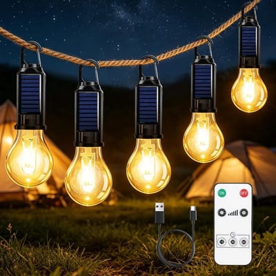 SnelShoppen - Pack van 5 Draagbare Solar Camping Lampen - Oplaadbare LED Hanglampen met Carabiner - 3 Lichtmodi - Ideaal voor Kamperen, Vissen, Hiking