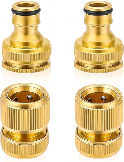 2 Pairs 1/2 Inch & 3/4 Inch 2-in-1 Garden Hose Connectors - Brass Hose Fitting End Connectors - Garden Hose Nozzle Connect Kit for Kitchen Garden Outdoor Hose Tools
