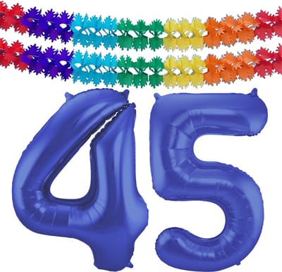Folat Verjaardag Leeftijd folieballon - 45 jaar - blauw - 86 cm - cijferballon groot - incl 2x feestslingers
