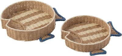 J-Line plateau Vis Gestreept - papier - naturel/blauw - set van 2