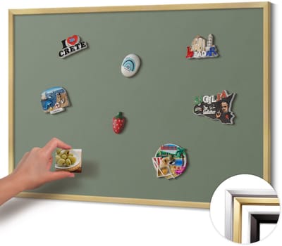 Wallfluent - Olijf Magnetisch Bord in Verschillende Kleuren - 100 cm x 70 cm - Magneetbord met Gouden Frame - Olijfkleur - Magnetisch Bord Rechthoekig - Magneetbord met Effen Frame - Magnetisch Bord voor aan de Wand