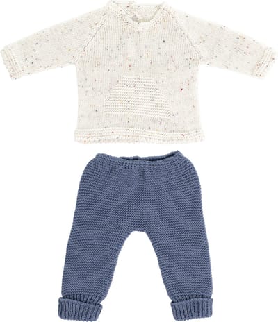 ML Poppen: KLEDIJ SET GEBREID ecru/blauw jongen 40cm, 2-delig, trui + broek, eco en gerecycleerd, op kleerhanger, 3+