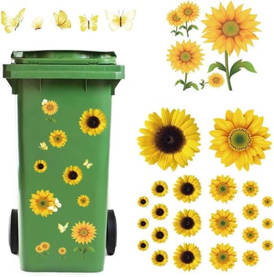 Zonnebloem Vuilnisbak Stickers voor Decoratie - Waterdicht en Zelfklevend - Set van 3 - Geschikt voor Muur, Deur, Vuilnisbak en Koelkast