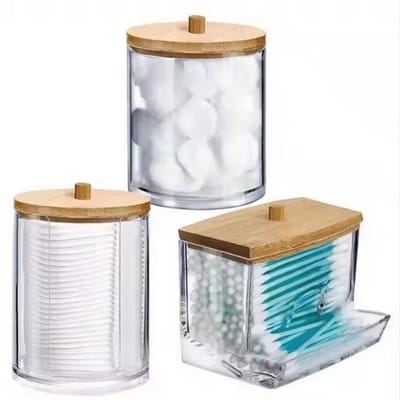 Set van 3 Wattenhouders – Badkamerorganizer met Houten Dekseks voor Wattenstaafjes, Wattenschijfjes en Wattenbolletjes - Stofvrij