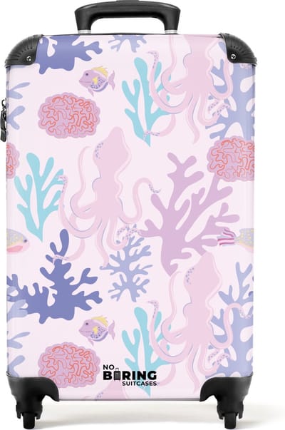 NoBoringSuitcases.com® - Handbagage koffer lichtgewicht - Reiskoffer trolley - Roze met een onderwater print - Rolkoffer met wieltjes - Past binnen 55x40x20 en 55x35x25