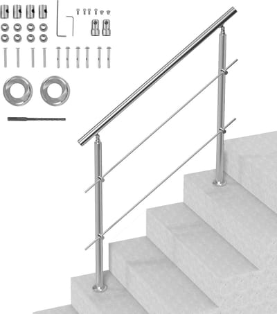Leuningen van 47,2 Inch (L) voor Buitentrappen, Trapleuningset van Roestvrij Staal met Montage, Trapleuningset met 2 Dwarsbalken, Ideaal voor Senioren, Veranda en Terras