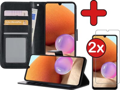 Hoesje - Met 2x Screenprotector - Geschikt voor Samsung Galaxy A32 4G - Luxe Pasjeshouder - Flip Case - Bookcase Portemonee - Kunstleer Book Case - Flipcase Hoes - Book Cover - Walletcase - Portemonneehoes - Telefoonhoes - Zwart