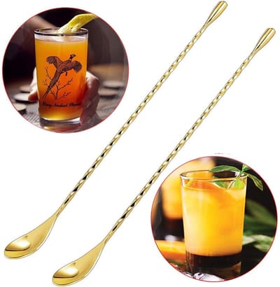 Gsedaox-Barlepel-2 stuks-Roerlepel-30 cm-Cocktail Muddle-met spiraalpatroon-RVS-Cocktail Lepel-Geschikt voor bar en cocktailshaker-Goud