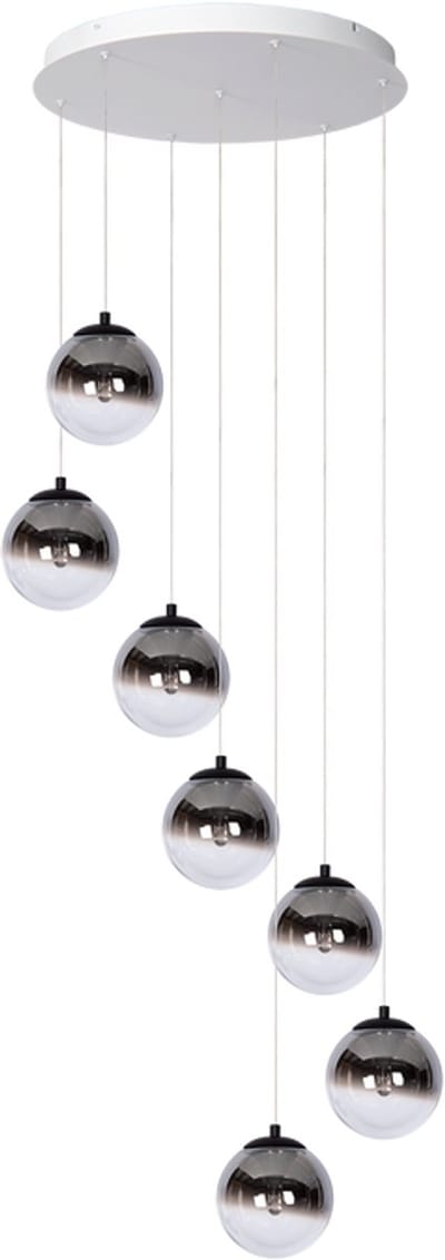 Atmooz Monza 7 hanglamp rond – witte metalen plaat – 7 smoky grijze glasbollen met druppel – geïntegreerde LED 2700K – dimbare moderne hanglamp – luxe meerlichts glasdesign – sfeervolle hanglamp woonkamer – wit en smoky grey