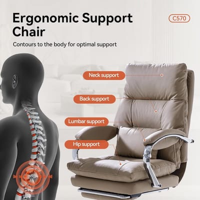 Bureaustoel met Voetensteun 66x63x115 cm – Ergonomische Directiestoel met Verstelbare Rugleuning 90°-155°, Lendenkussen & PU-Leder – Kaki – Abkantoor