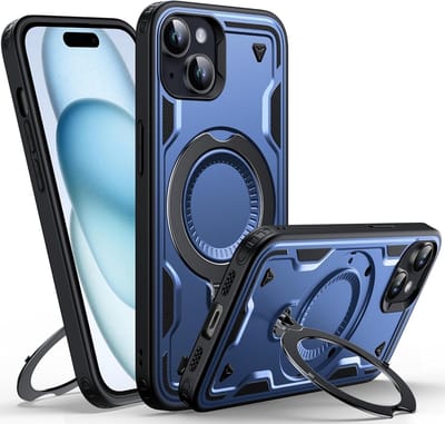 Magsafe Hoesje Geschikt voor iPhone 15 Plus / 14 Plus Hoesje Navy - Armor Hoesje met Met Draaibare Ring Houder