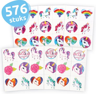 Isa's Friends - Tattoo's kinderen 576 stuks - Uitdeelcadeau Unicorn - Traktatie - Tijdelijke Tattoo - Plak tattoo's