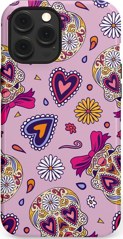 Casetastic hoesje geschikt voor Apple iPhone 12 Pro Max - MagSafe - Dubbellaagse bescherming - Dia de los Muertos Doodshoofd Strik - Fashion Case - Lichtroze Lila Taupe Zilver