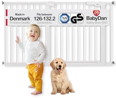 BabyDan Premier, extra brede drukpas, traphek, 126-132 cm, babyhekje, metaal, wit, Made in Denmark - (huisdierhek/hondenpoort)