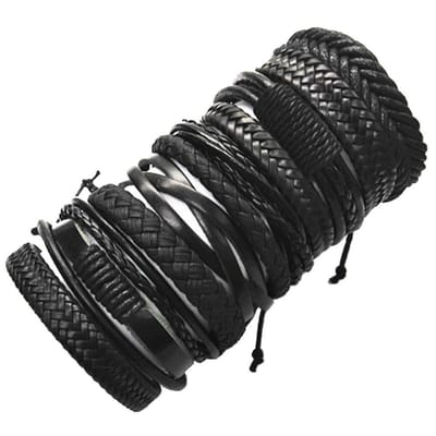 Fako Bijoux® - Leren Armband - Leder - Set Deluxe - 10 Stuks - Zwart