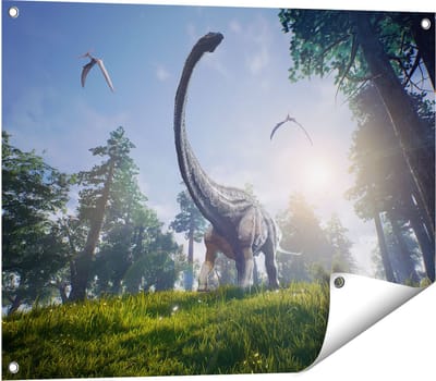 Gards Tuinposter Diplodocus Dinosauri�r in het Bos - 80x60 cm - Tuindoek - Tuindecoratie - Wanddecoratie buiten - Tuinschilderij
