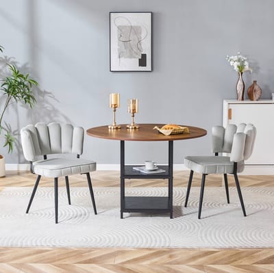 Set Tafel En Stoelen - Ronde Eettafel Met Dubbele Opbergplank En 2 Stoffen Stoelen - Voor Kleine Ruimtes - Hout Metaal - Walnoot Zwart Lichtgrijs