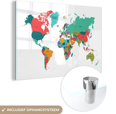 ® Glasschilderij 150x100 cm - Schilderij acrylglas - Wereldkaart - Kleurrijk - Simpel - Foto op glas - Muurdecoratie woonkamer - Wanddecoratie slaapkamer - Schilderijen