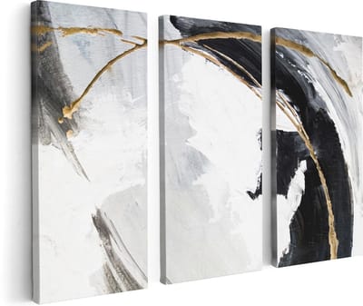 Artaza Canvas Schilderij Drieluik Abstracte Kunst - Wit met Zwart en Goud - 120x80 cm - Wanddecoratie Woonkamer - Schilderijen - Muurdecoratie