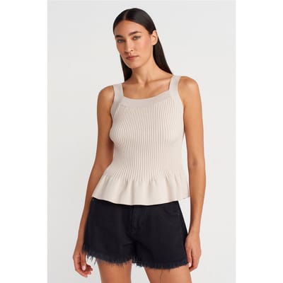 Aangesloten Geribbelde Mouwloze Blouse met Vierkante Halslijn