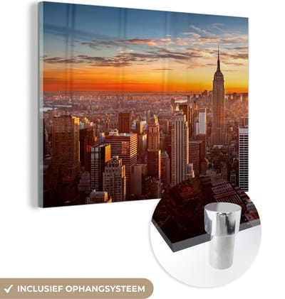 MuchoWow® Glasschilderij 120x90 cm - Schilderij acrylglas - Skyline - New York - Zon - Foto op glas - Schilderijen