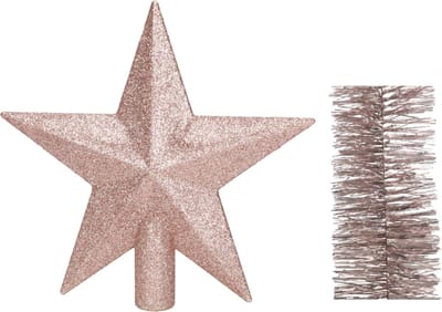 Kerstversiering kunststof glitter ster piek 19 cm en folieslingers pakket lichtroze van 3x stuks - Kerstboomversiering