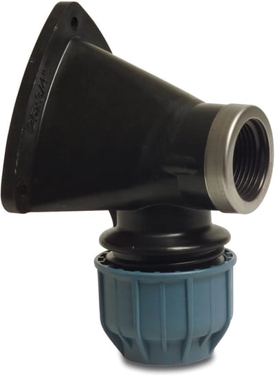Muurplaat 90° pp 16 mm x 1/2 inch knel binnendraad 16bar zwart / blauw Kiwa Deltafix