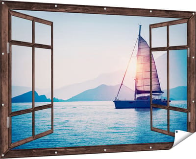Gards Tuinposter Doorkijk Zeilboot bij Zonsondergang - 180x120 cm - Tuindoek - Tuindecoratie - Wanddecoratie buiten - Tuinschilderij