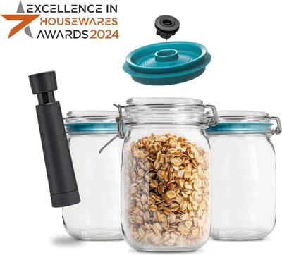 Airtender Vacuüm (1500 ML) Weckpotten | Voordeelset van 3 stuks | 3x Weckpot | 3x Vacuümdeksel | 1x Vacuümpomp | Met vacuüm tot 5x langer vers! | O.a. voor koffie, koekjes, groente, fruit ... | Meal-preppen of Sneller inmaken | Made in Holland